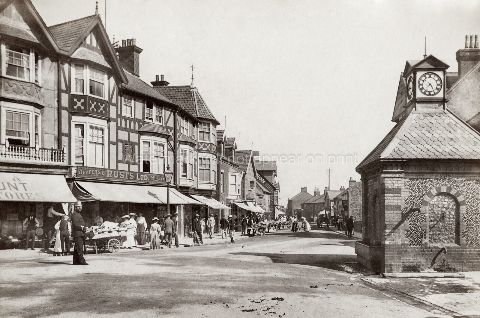 Sheringham Norfolk High Street Scene Clock Tower Shops People Vtg. Photo 19thC.