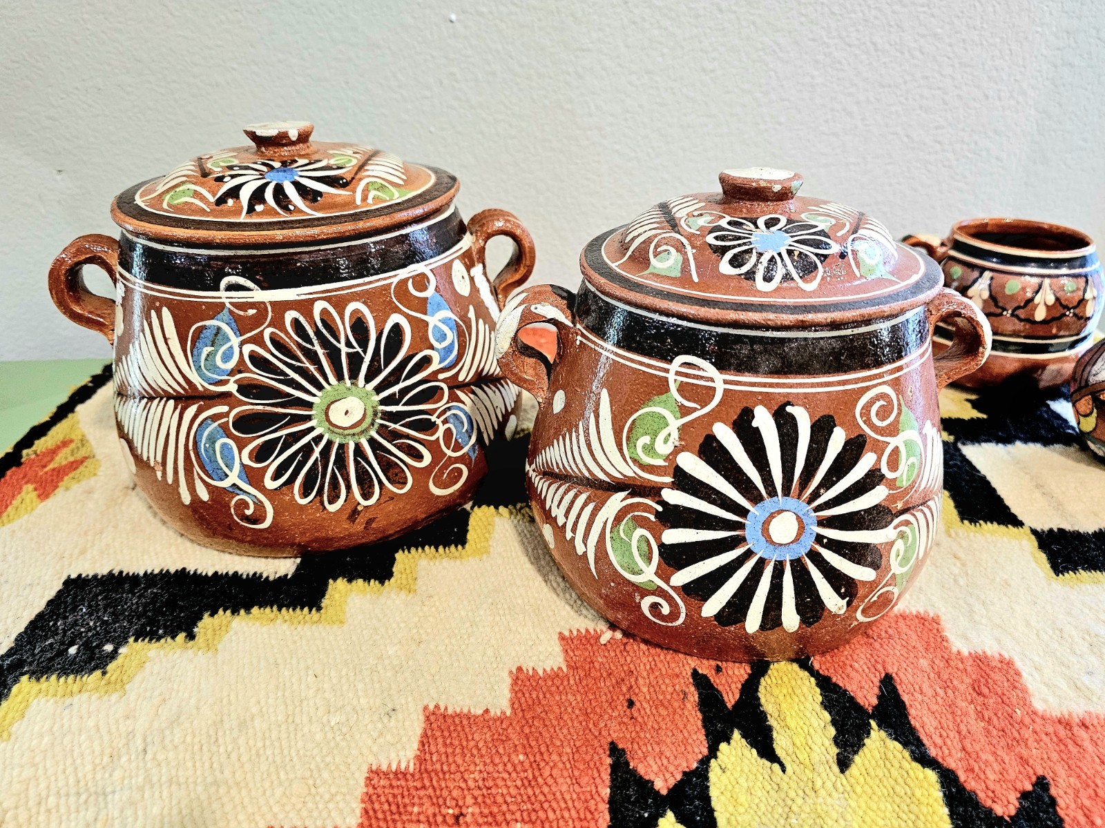 Rare Vintage Tlaquepaque Lidded Pot Set 1930s Cobalt Blue & Mid-Century Green