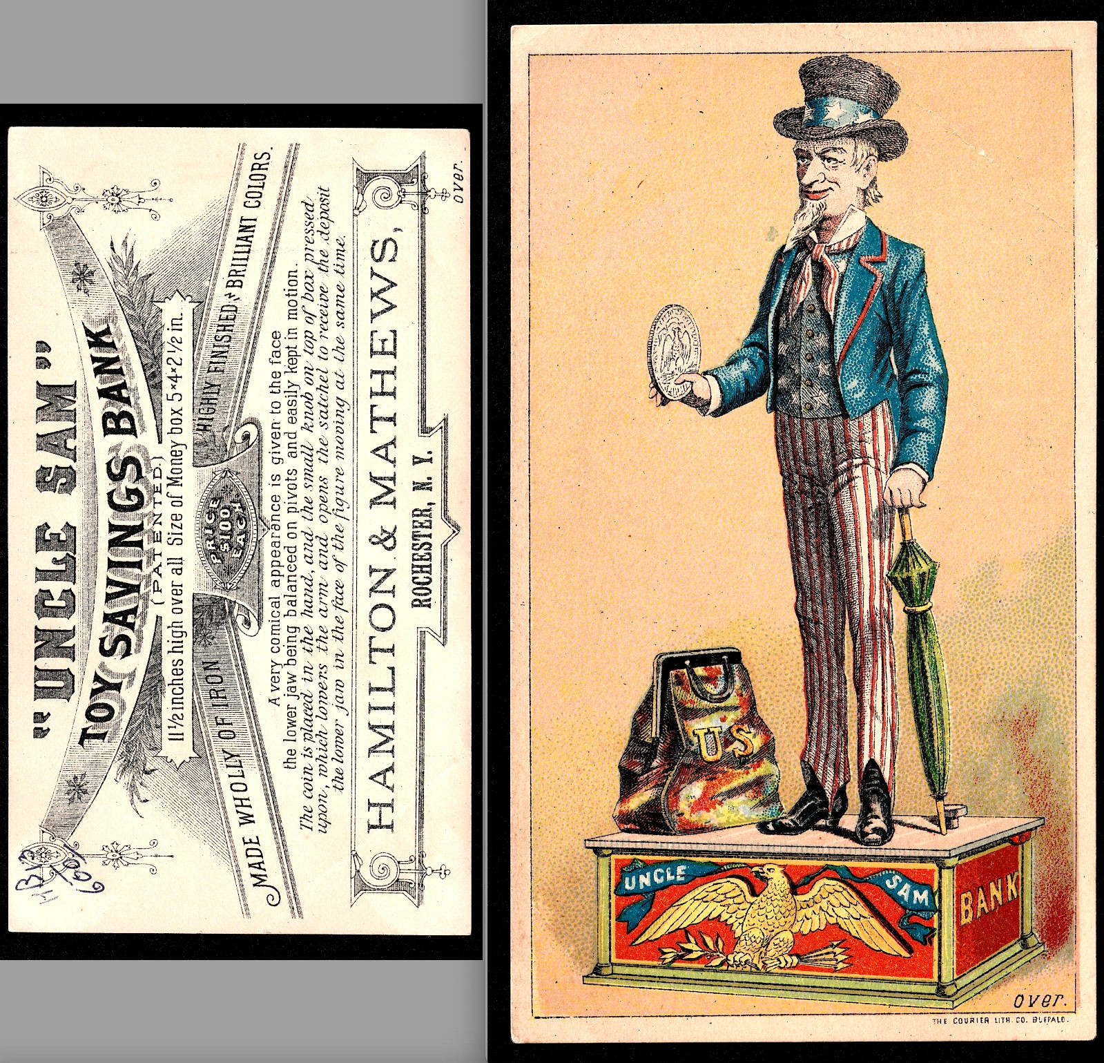Uncle Sam Mechanical Bank Iron Toy Savings Ad SR.B.us Eagle Victorian Trade Card