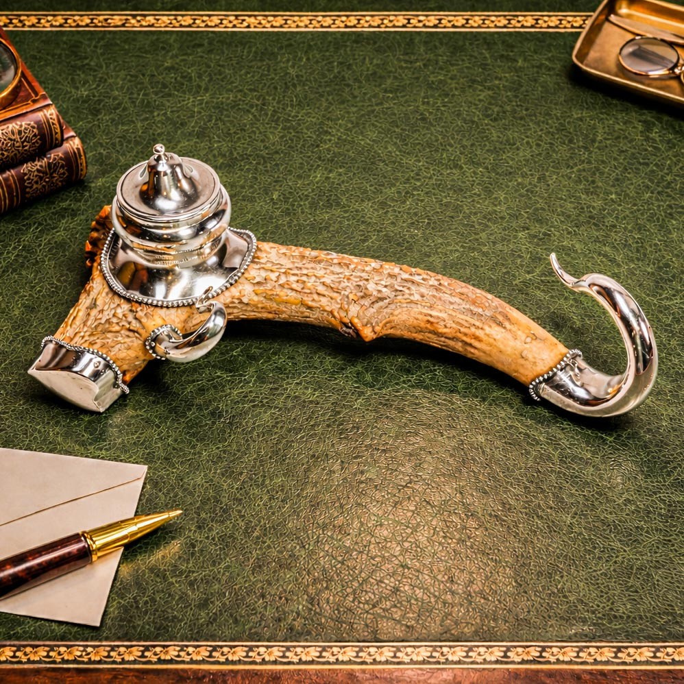 Rustic Antique Victorian Antler Sterling Silver Desk Inkwell Paperweight