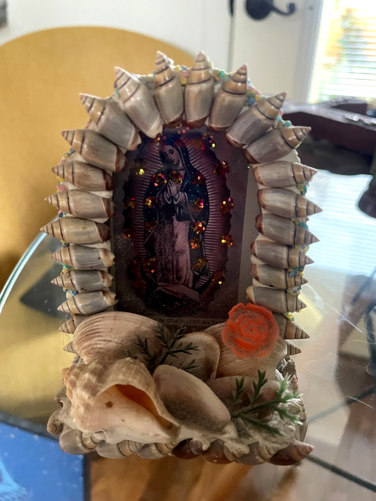 Folk Art Shell Shadow Box Virgin de Guadalupe Folk Art Shell Shadow Box Virgin de Guadalupe