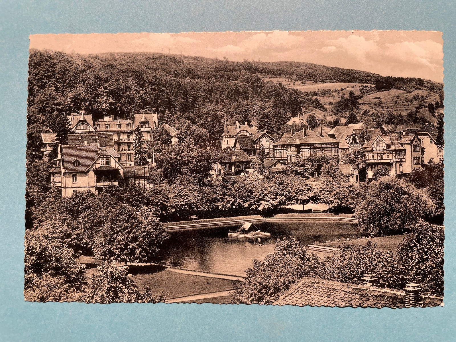 Old postcard of Bad Sooden-Allendorf, at the Swan Pond, dated. 1956, not run