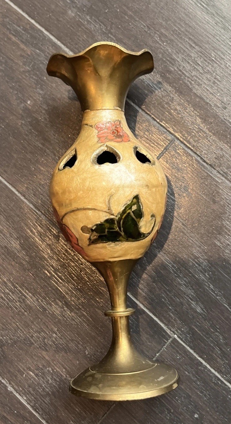 Vintage Hand Designed Peony Cloisonné Brass Bud Vase/Incense Holder 6”T India