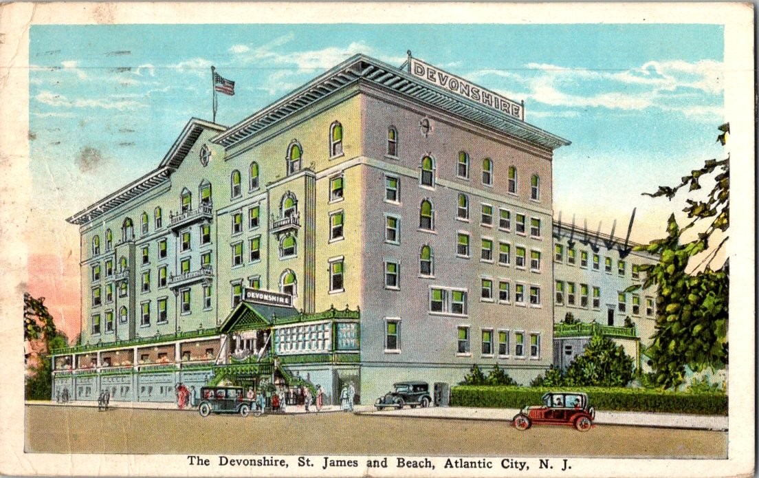 Vintage Devonshire Hotel Atlantic City NJ Postcard with Cars