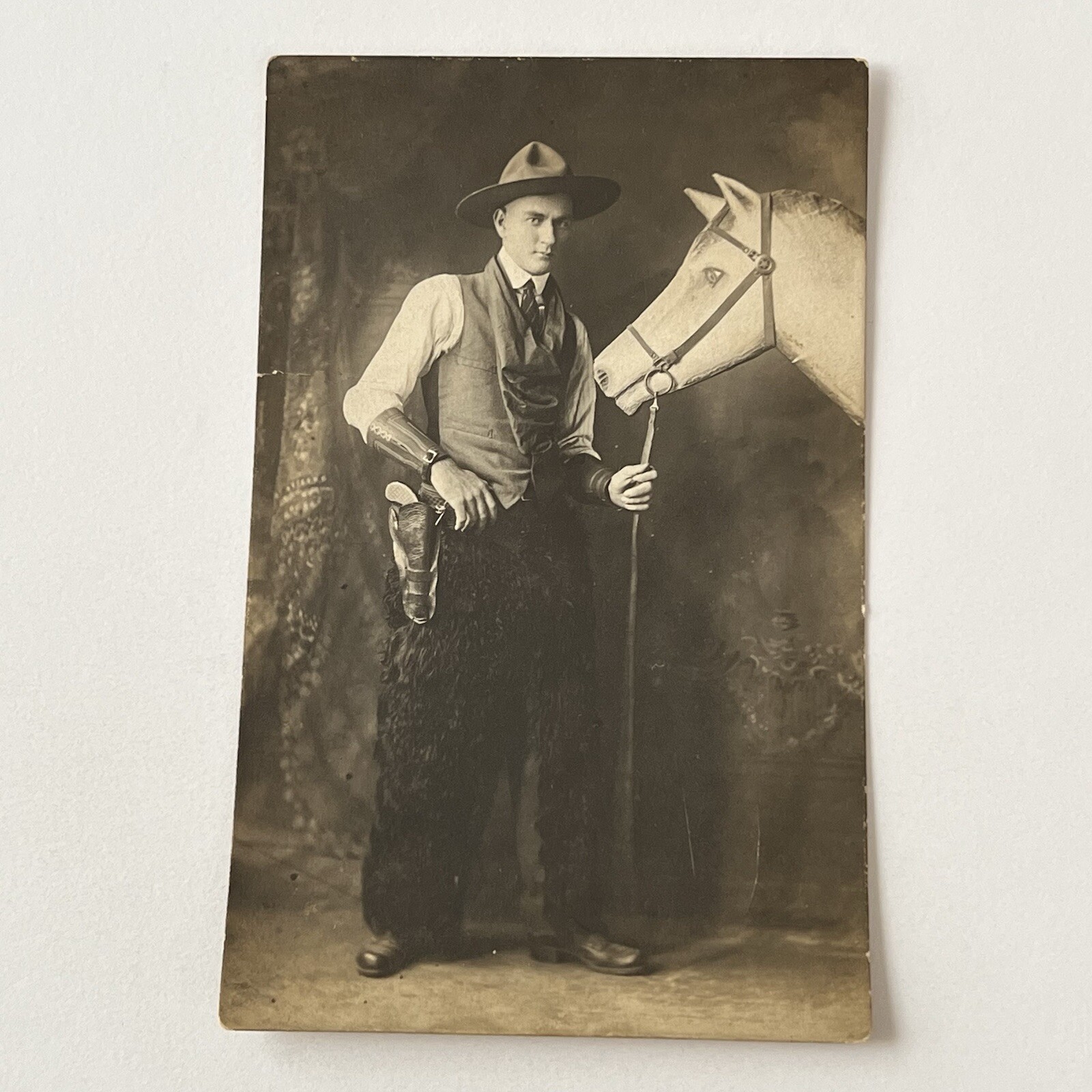 Antique RPPC Real Photograph Postcard Handsome Young Man Cowboy Prop Horse