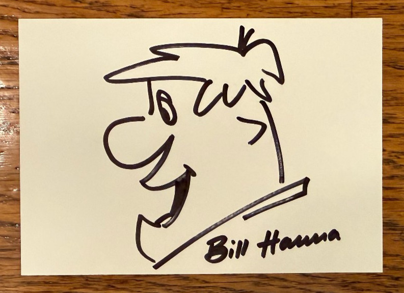 Bill Hanna Autograph & Sketch, Fred Flintstone, Signed, Hanna-Barbera