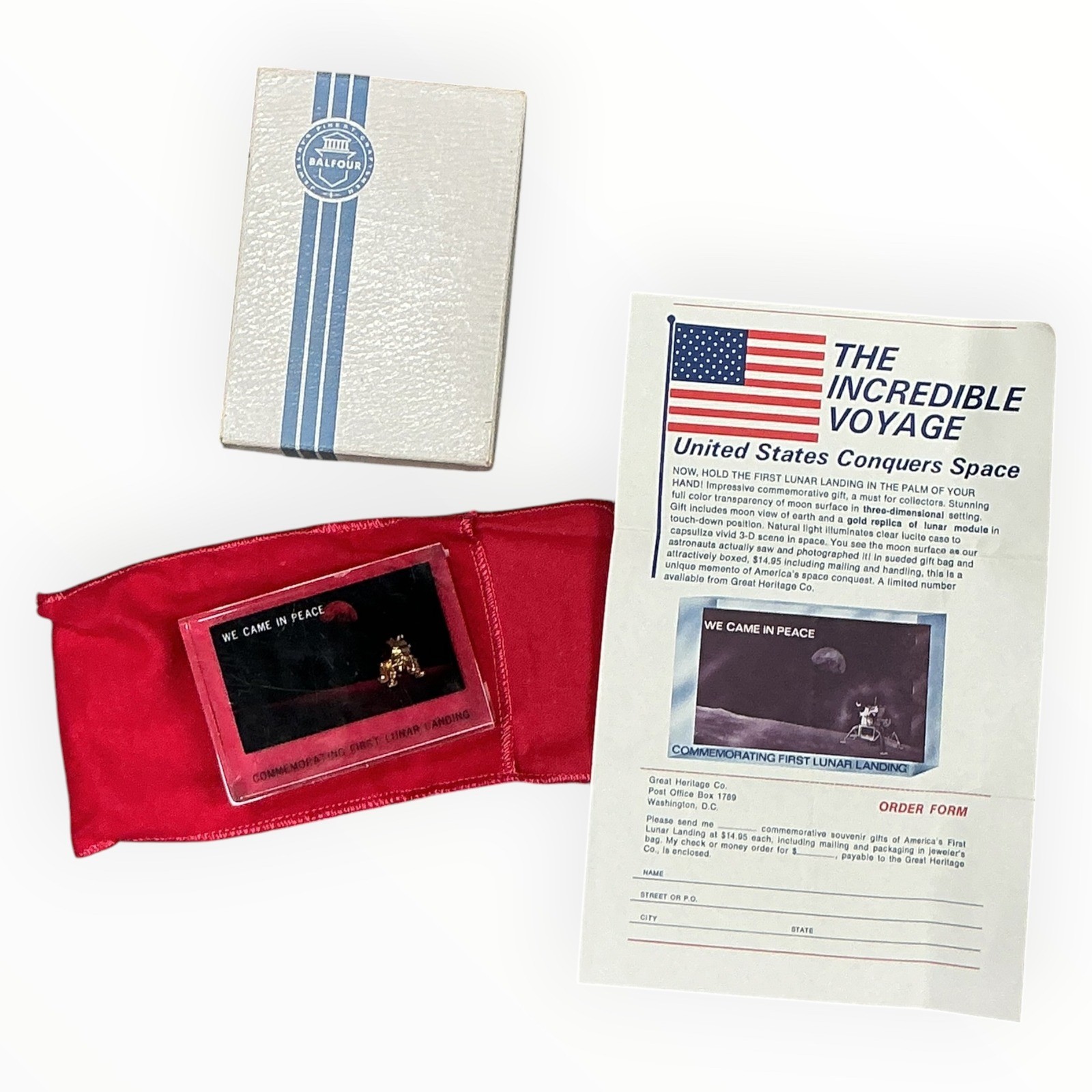 1969 Balfour Apollo 11 First Lunar Landing Lucite Paperweight Box Paperwork