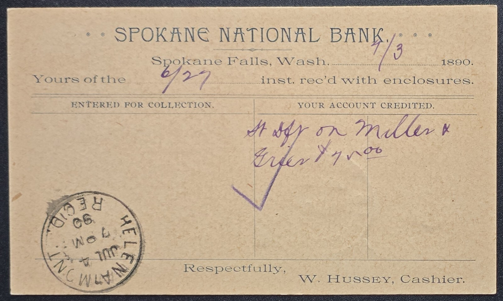 1890 Spokane National Bank to 1st National Bank Helena MT - Early Banking