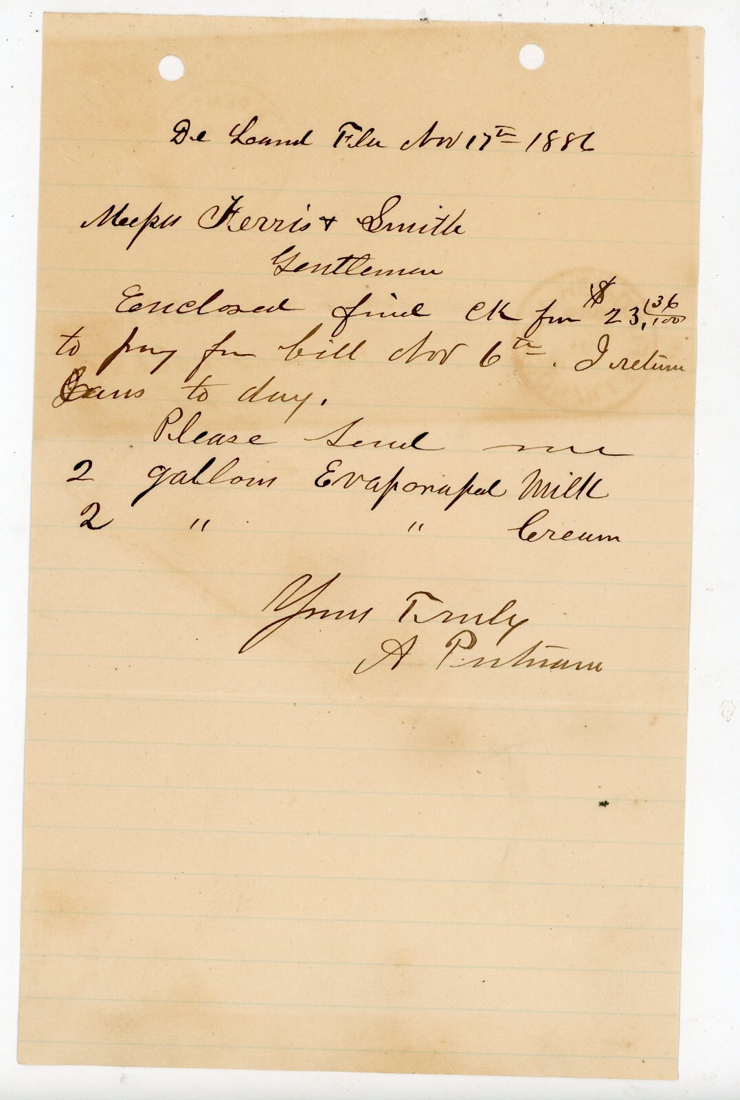 1882 Handwritten Letter DeLand Florida Cream Signed A Putnam Ferris & Smith