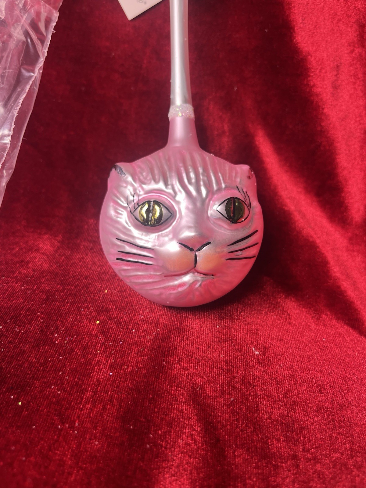 RADKO PINK KITTY CAT RATTLE GLASS CHRISTMAS ORNAMENT VINTAGE CHRISTOPHER NOS