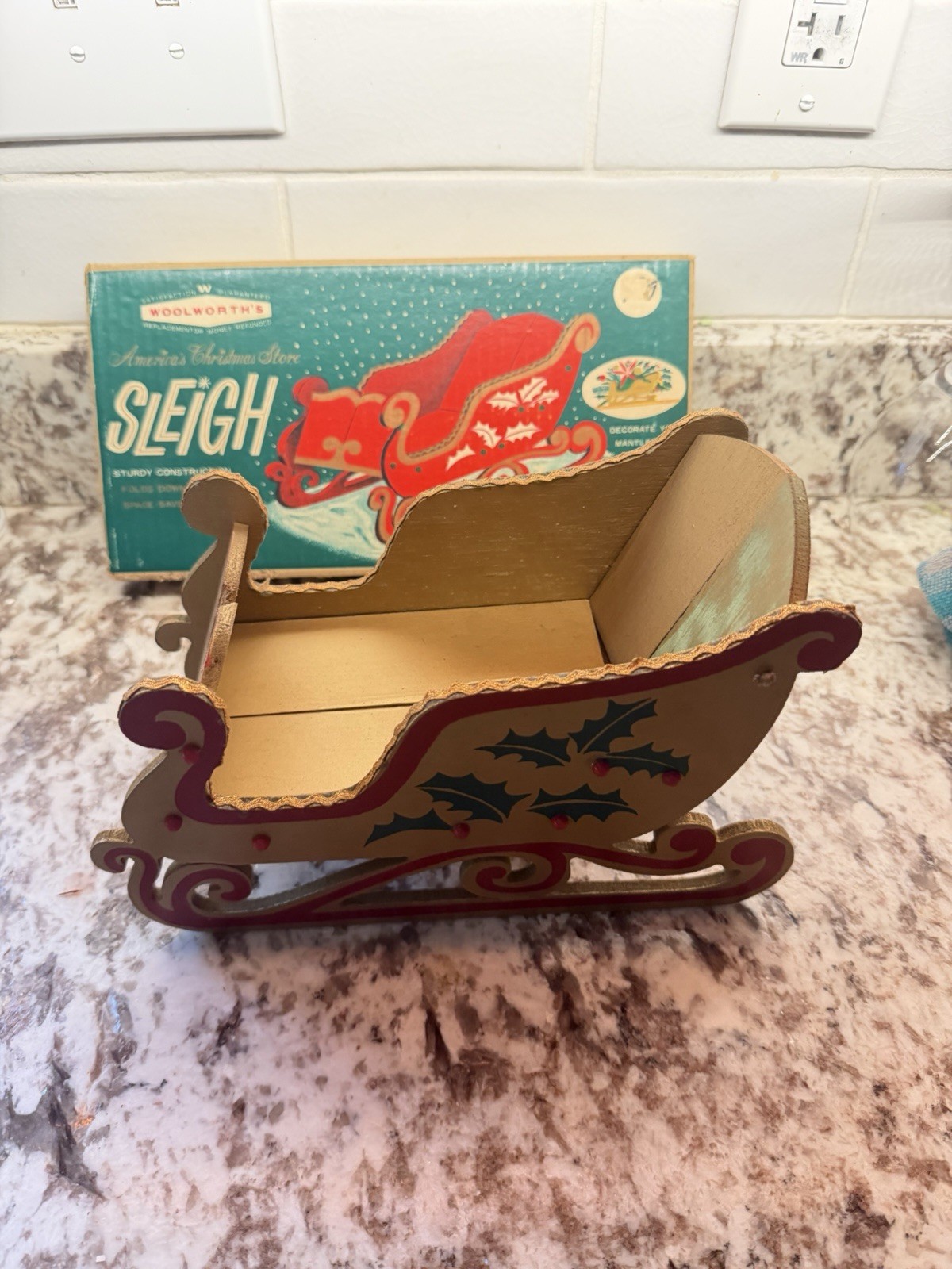 VTG Woolworth\'s Wooden Folding Sleigh Christmas Decoration with Box