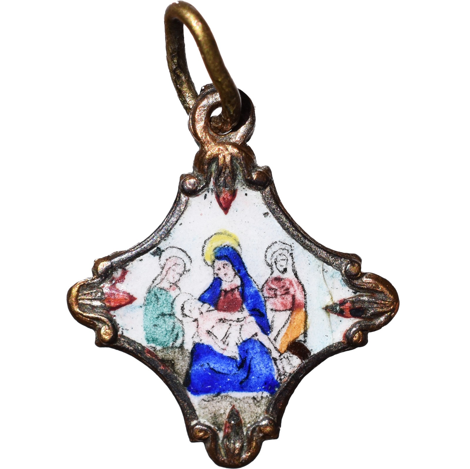 VINTAGE THE PIETA RELIGIOUS MEDAL OLD HAND PAINTED ENAMEL PENDANT
