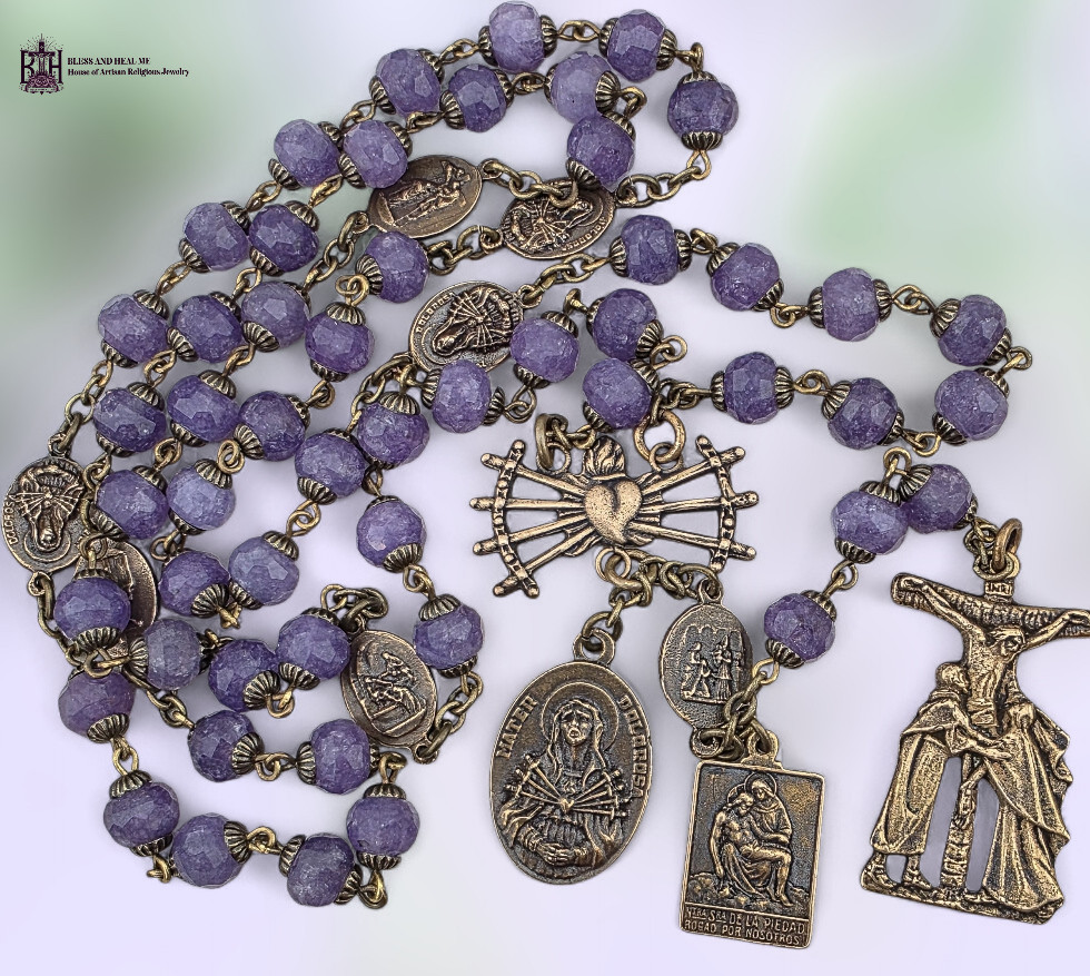 Seven Sorrows Dolores 52 beads Rosary Chaplet Heirloom Bronze| Purple Jade