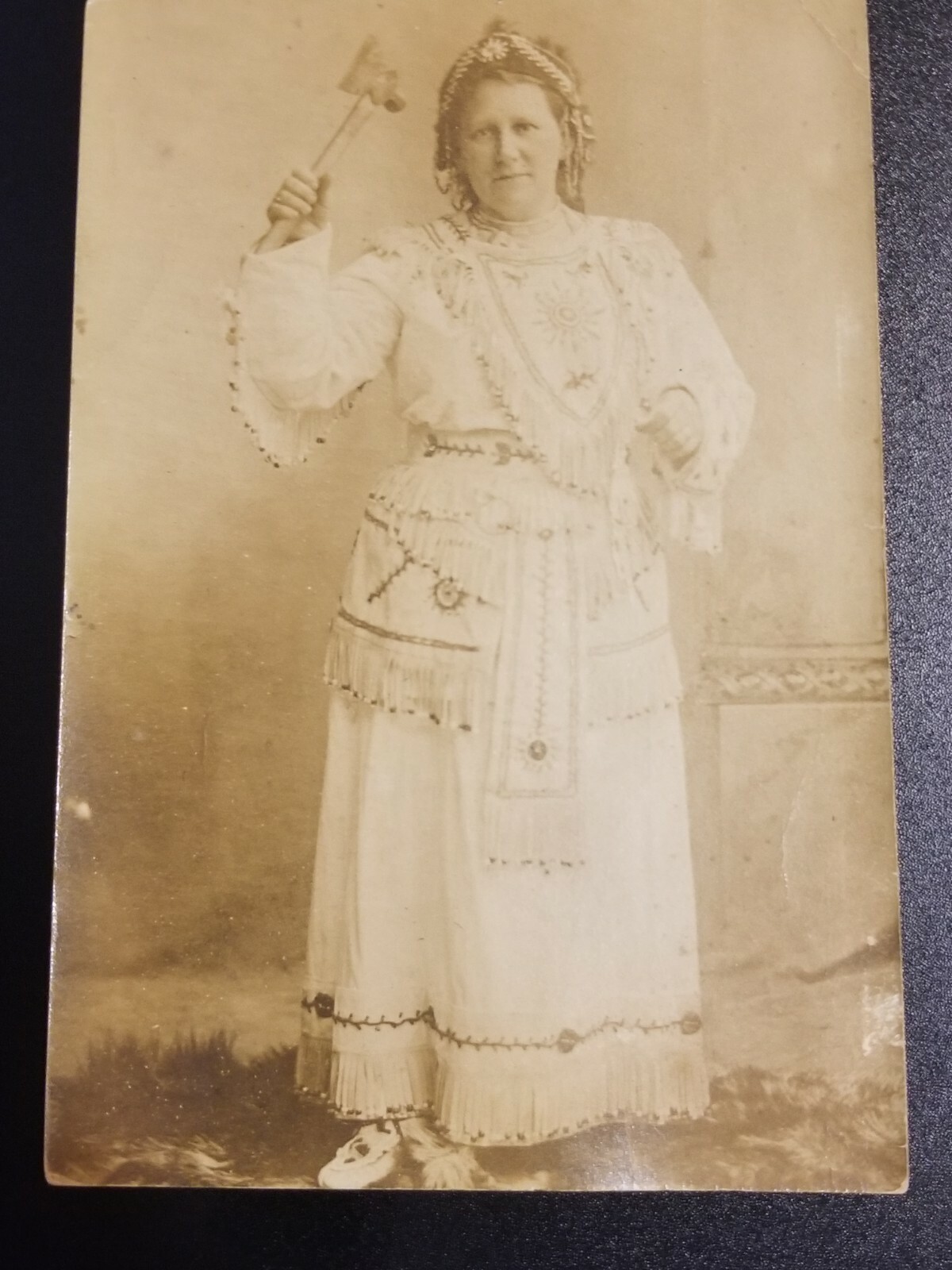 RARE 1910 Native American Indian Woman & Hatchet Studio Real-Photo Postcard RPPC