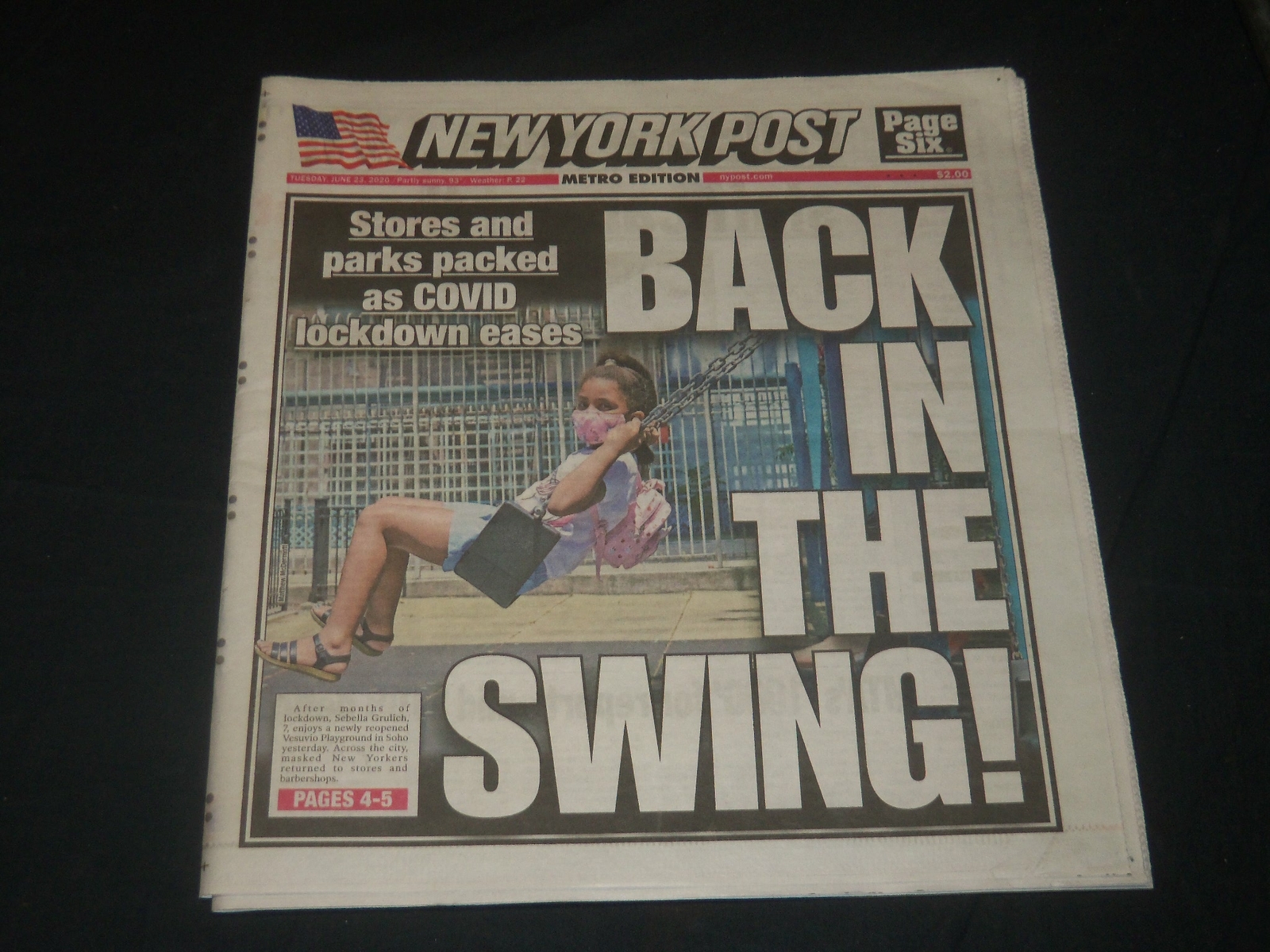 2020 JUNE 23 NEW YORK POST NEWSPAPER - BACK IN THE SWING - LOCKDOWN EASES
