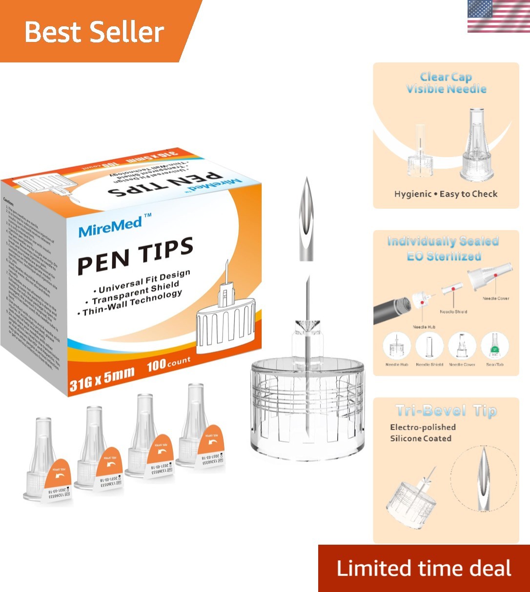 Universal Fit Ultra-Fine Pen Tips 31G 5mm - 100 Count with Transparent Caps