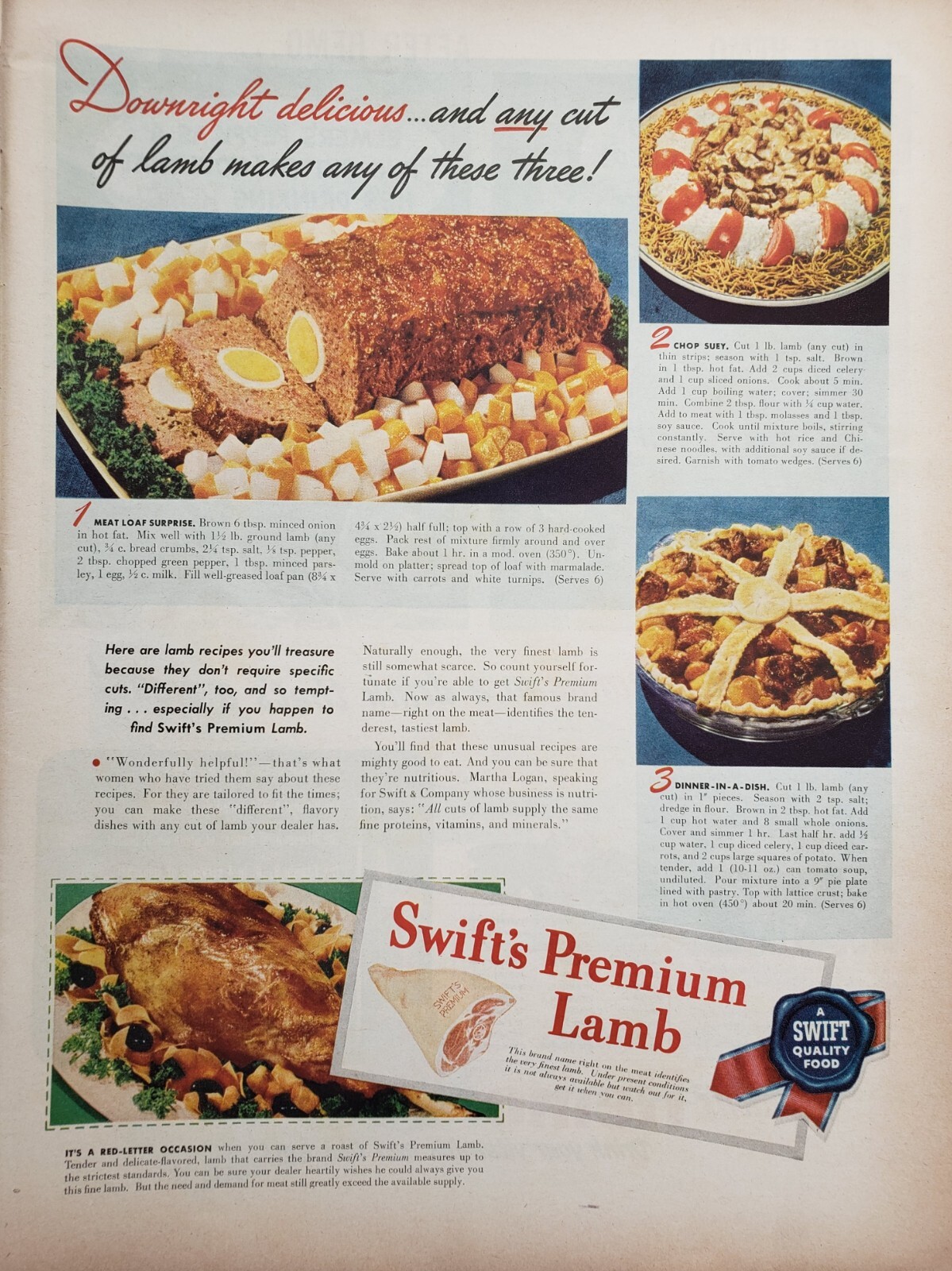 Swift's Premium Lamb Print Ad Vintage 1945 Ephemera Wall Art Decor