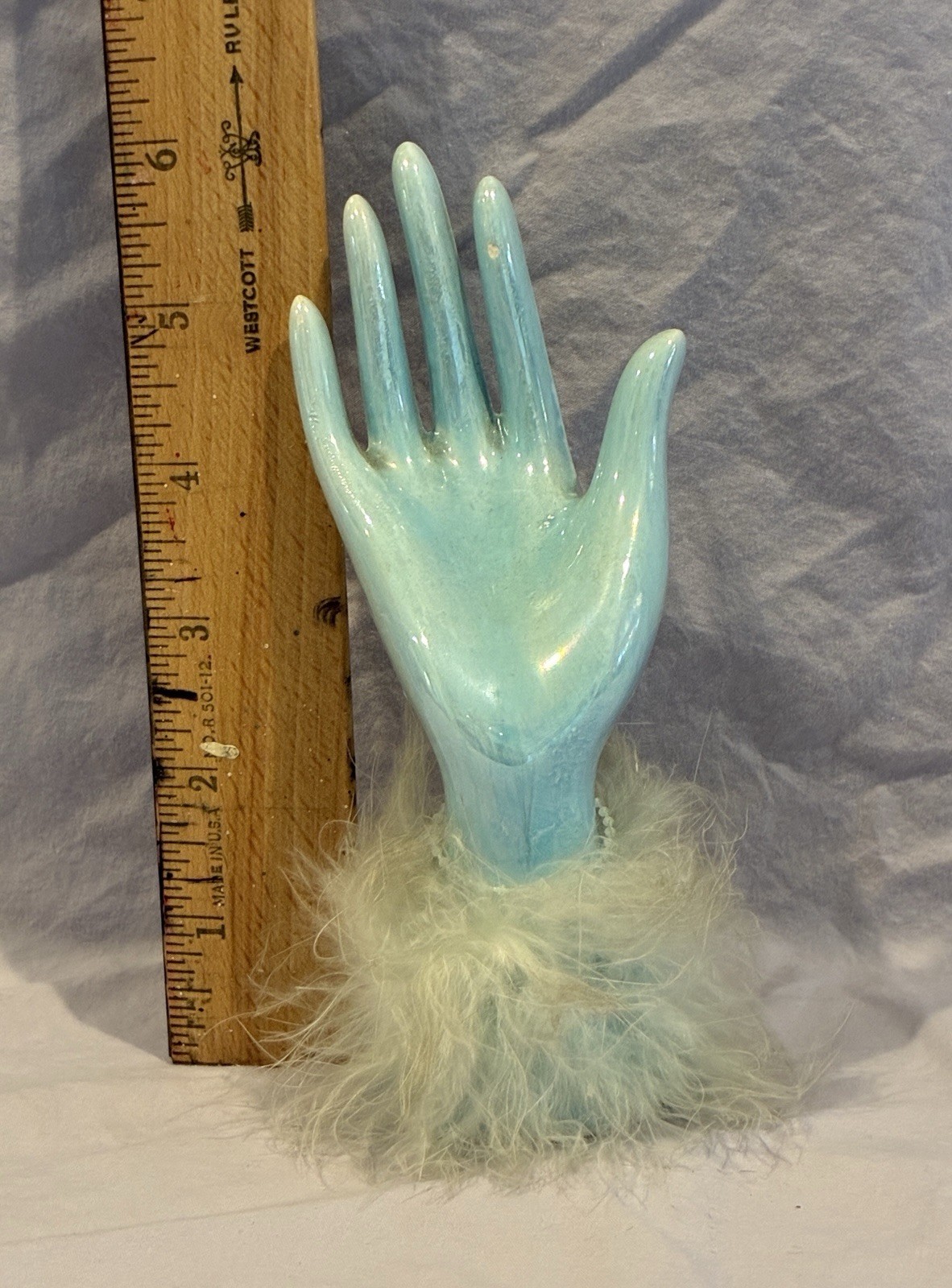 Rare Vintage Ceramic Pearlized Luster Blue Glazed Hand figurine Ring holder.