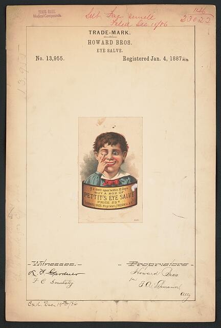Fredonia NY Howard Bros Pettit's Eye Salve Trademark 1887 Medical Compound