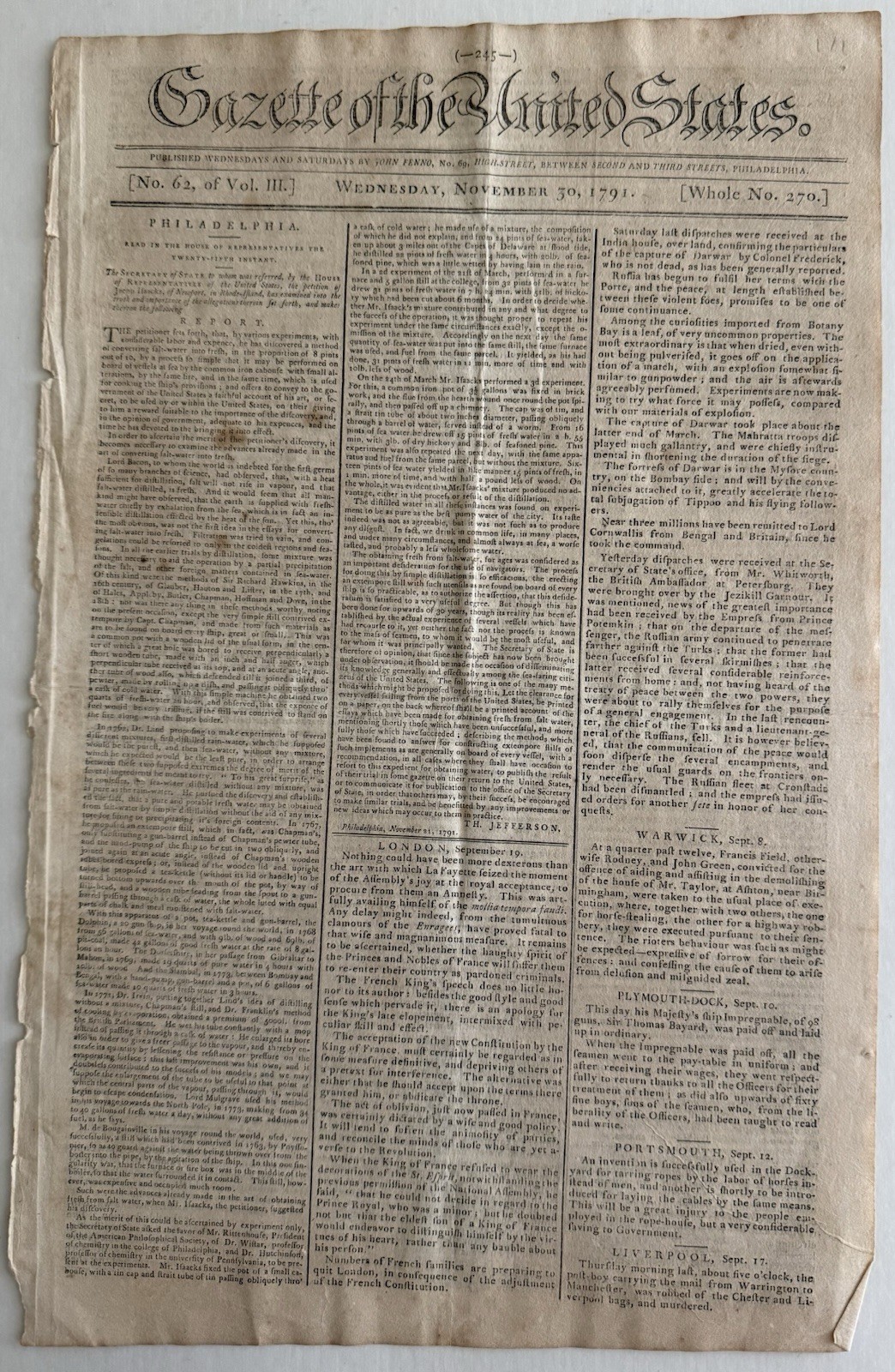 Thomas Jefferson Signed In Type Report Gazette Of the U.S. Newspaper