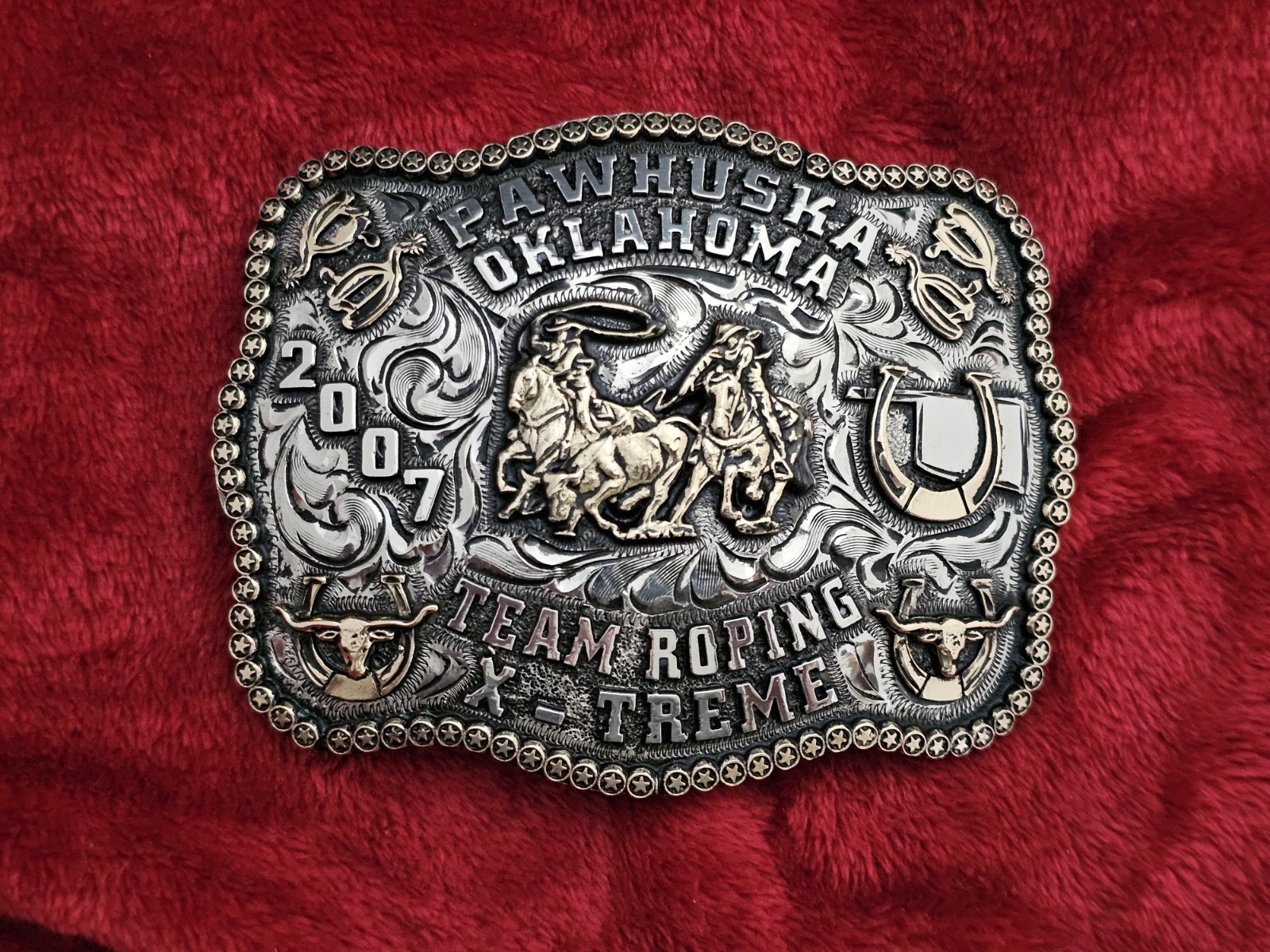 Team Roping RODEO☆Pawhuska Oklahoma☆2007☆X~Treme☆CHAMPION TROPHY BUCKLE☆Rare☆T44