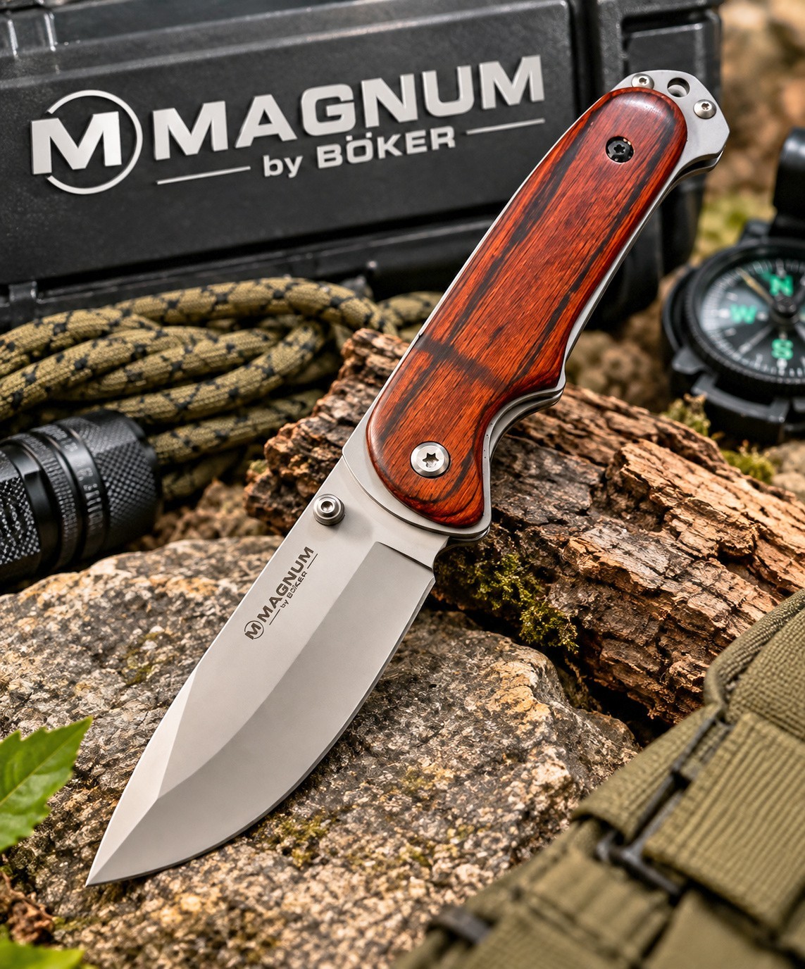 BOKER MAGNUM Bush Companion Linerlock Folding knife 440A SS blade wood handle