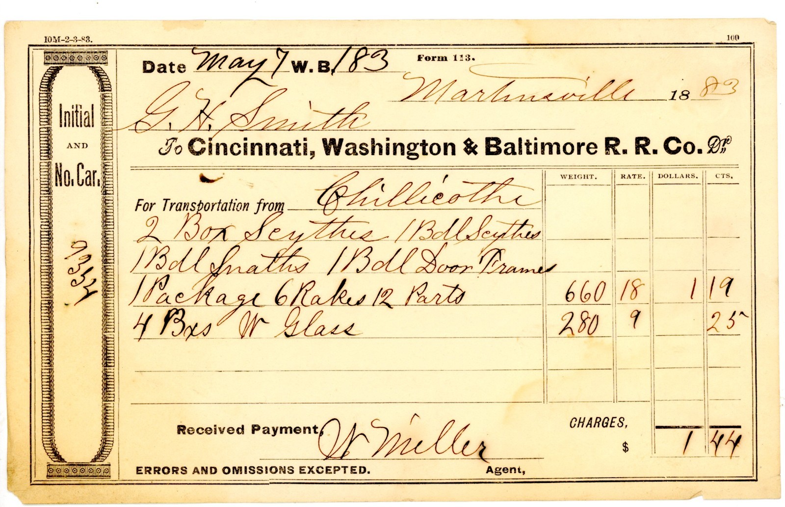 1883 Cincinnati, Washington & Baltimore Railroad Freight Receipt Chillicothe