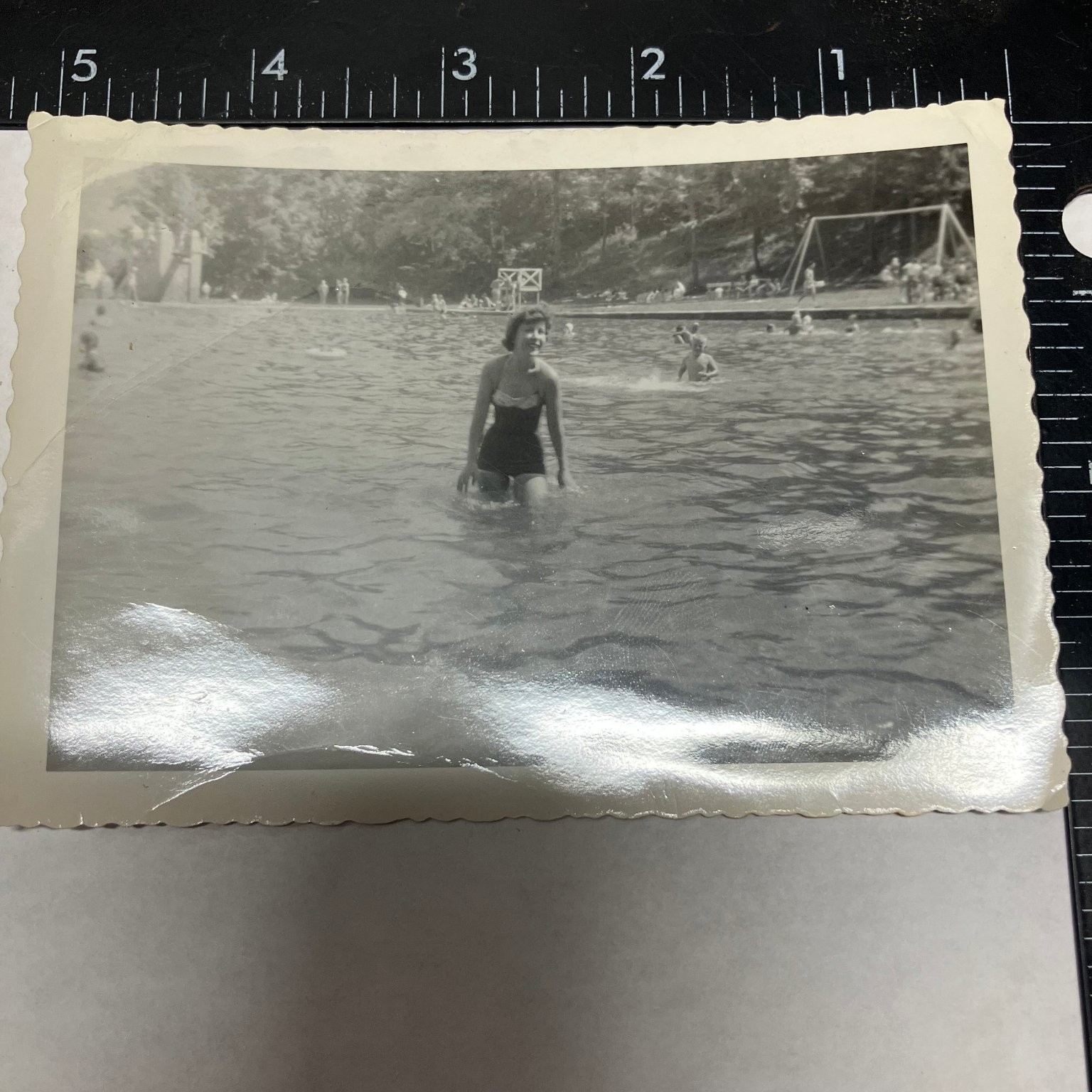 Vintage 1940s Black & White Photo Woman in Swimsuit at Poolside