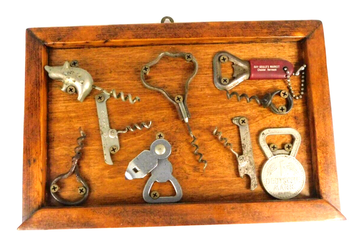 Unique Vtg Corkscrew & Bottle Openers Wooden Display 9 Pces.& Plaque Folk Art