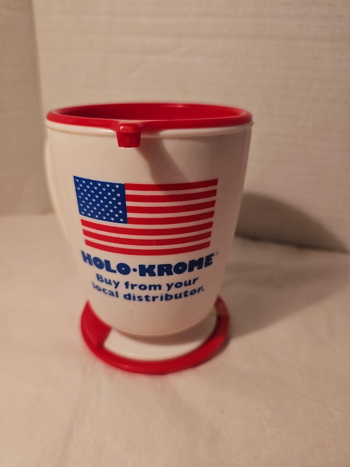 VTG Travel Mug/Cup W/ Lid & Holder by Whirley Plastic Patriotic Flag Halo-Krome