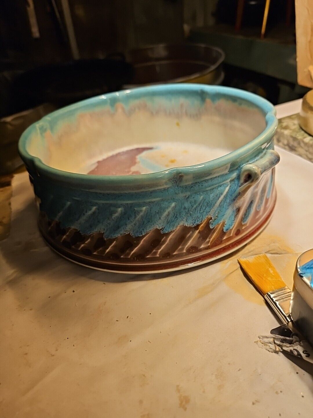 Art Studio Clay Turquoise Brown 7.5x3 Casserole.souffle Display Dish Bowl