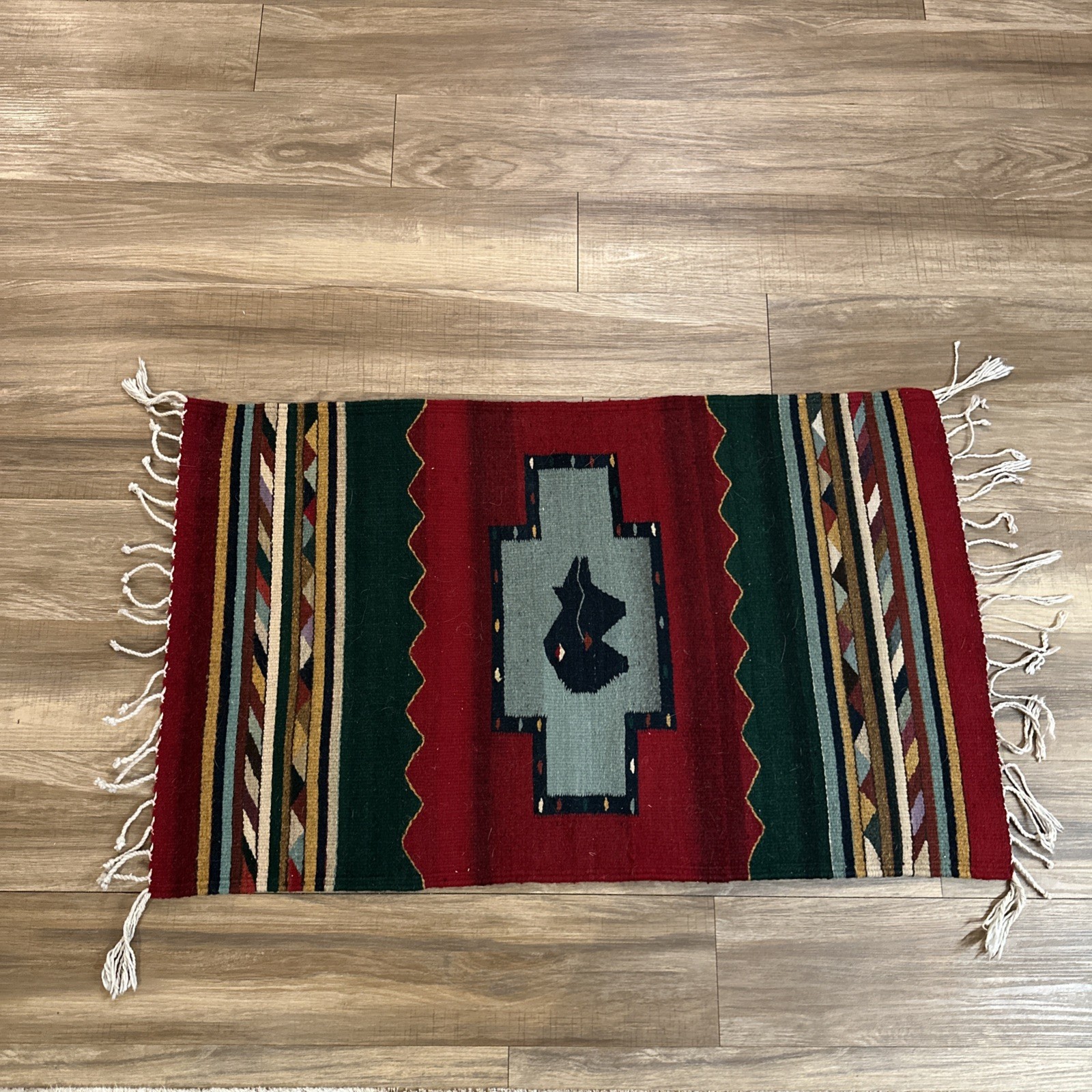 Southwestern Handwoven Wool Rug; 38”x23”vibrant Colors Beautiful Aztec, Ortega