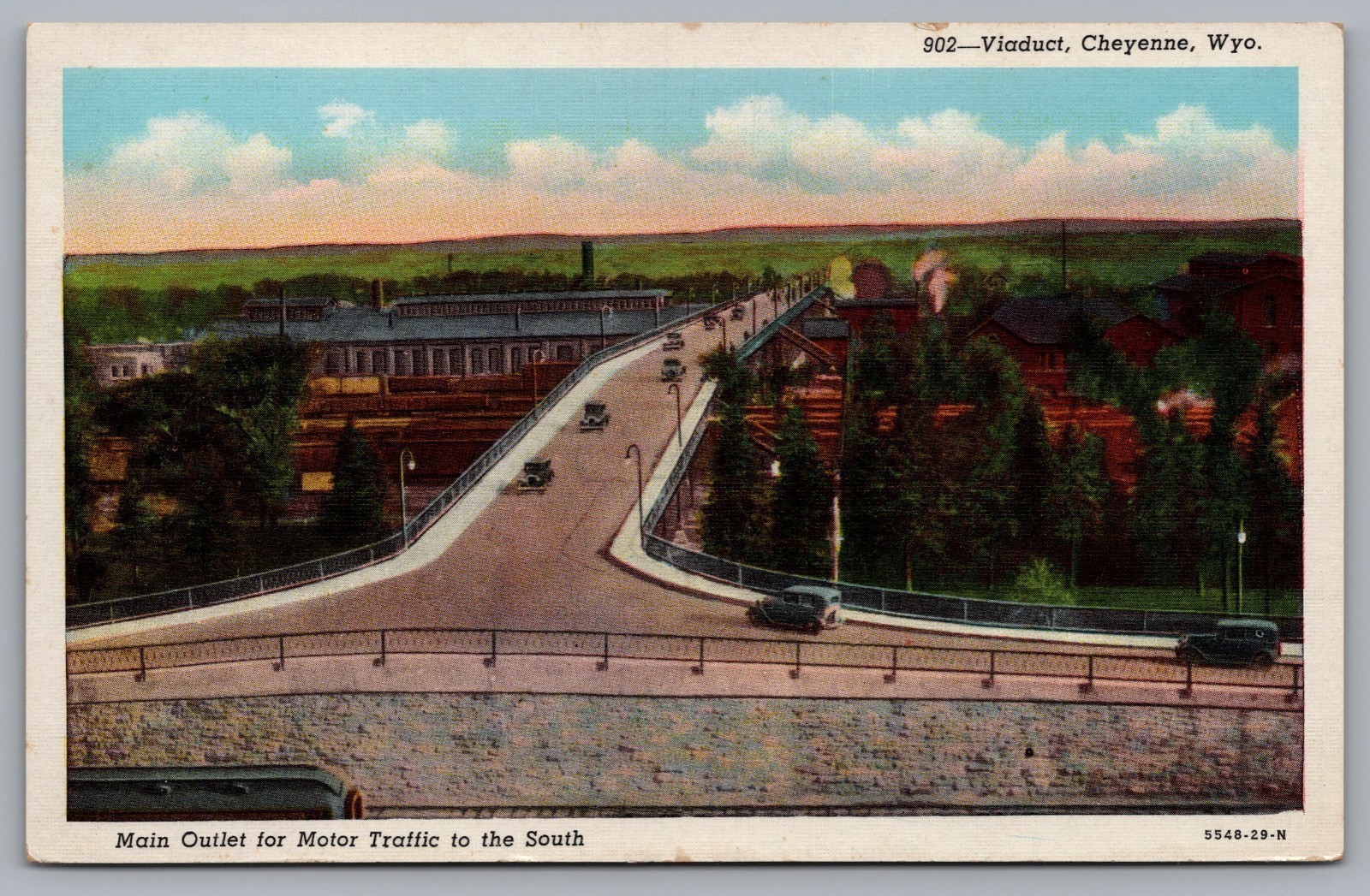 Viaduct, Old Cars, Railroad, Bridge, Motor Traffic. Cheyenne, WY. Postcard