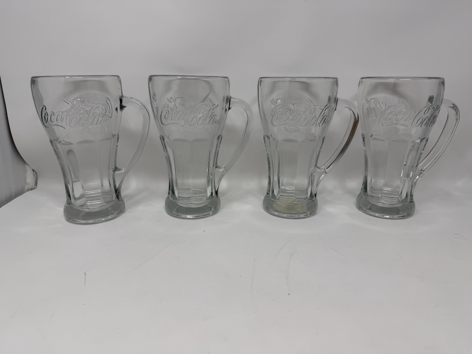 LIBBEY Vtg. 4 Lot Coca-Cola Round Top Thick Clear 14 oz. Glass Mugs w/ Handle