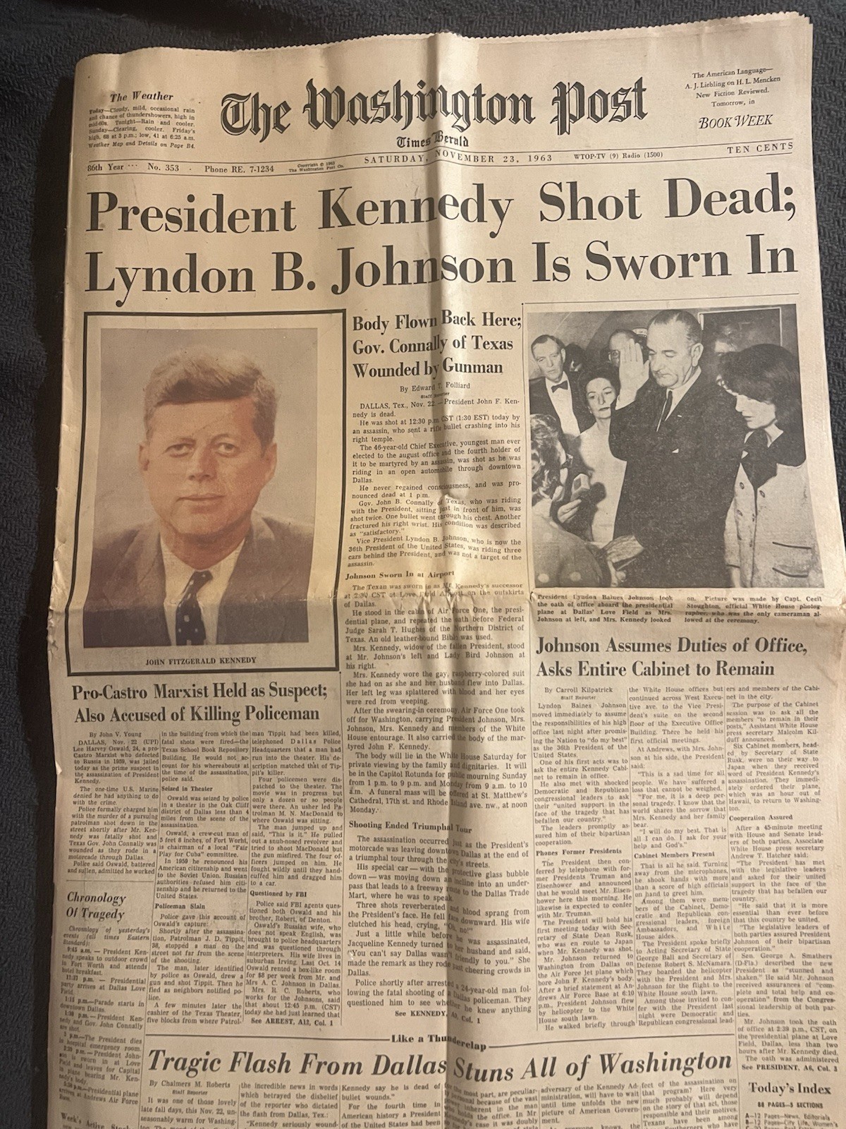 Historic Washington Post – November 23, 1963 – JFK Assassination Headline