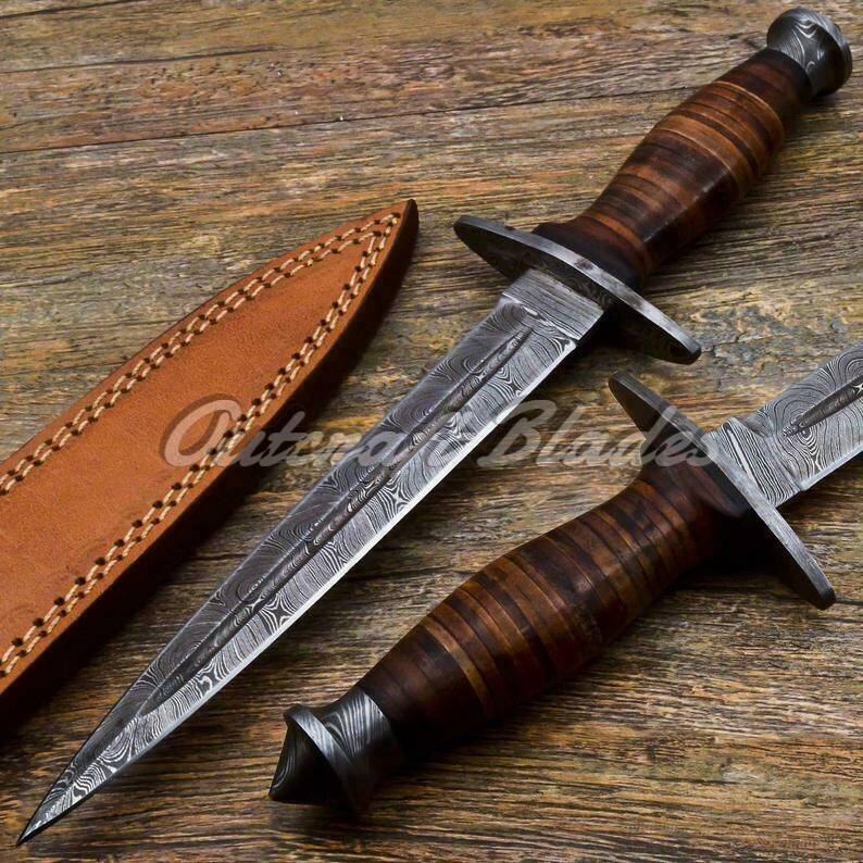 Custom Made Hand Forged Damascus Steel Leather stacked Fairbairn sykes  Dagger