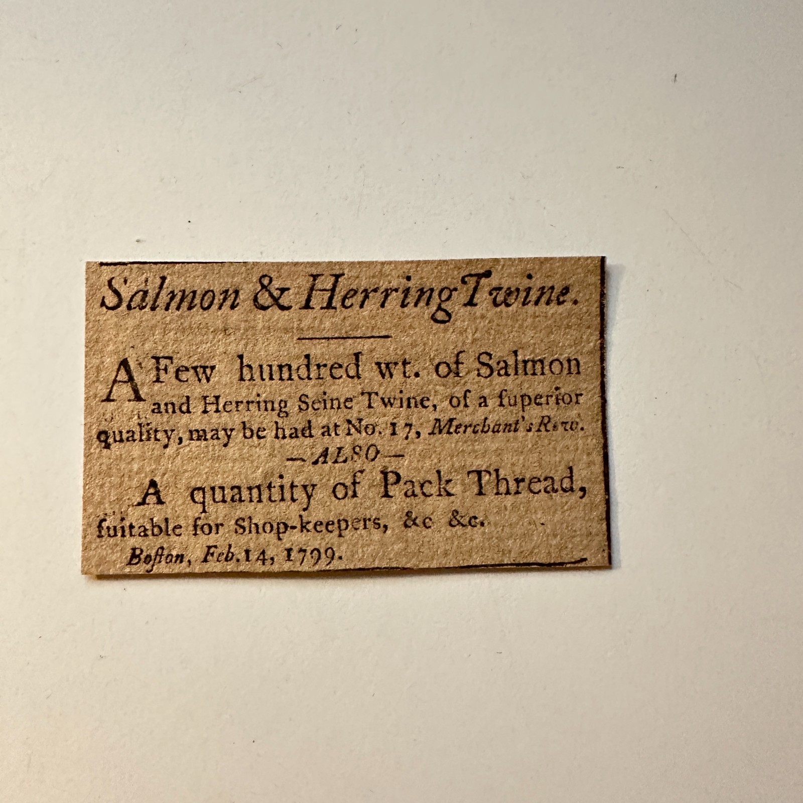 Salmon & Herring Twine Feb 1799 Merchant\'s Row Boston 1799 Clipping 5AK9-S8