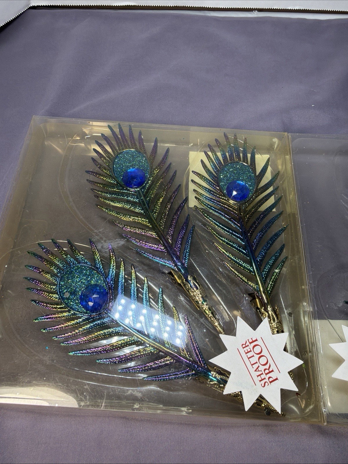 Christmas Plastic Clip Peacock Feathers Set Of 6 Shatterproof ~ Beautiful