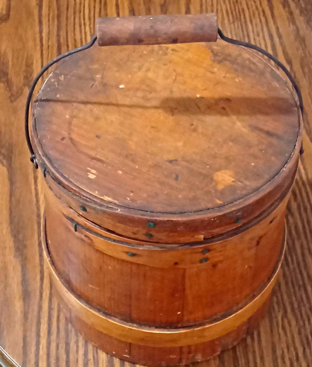 Antique 19thC Small Wooden Firkin Sugar Bucket Finger Lap Bands 1860-1880