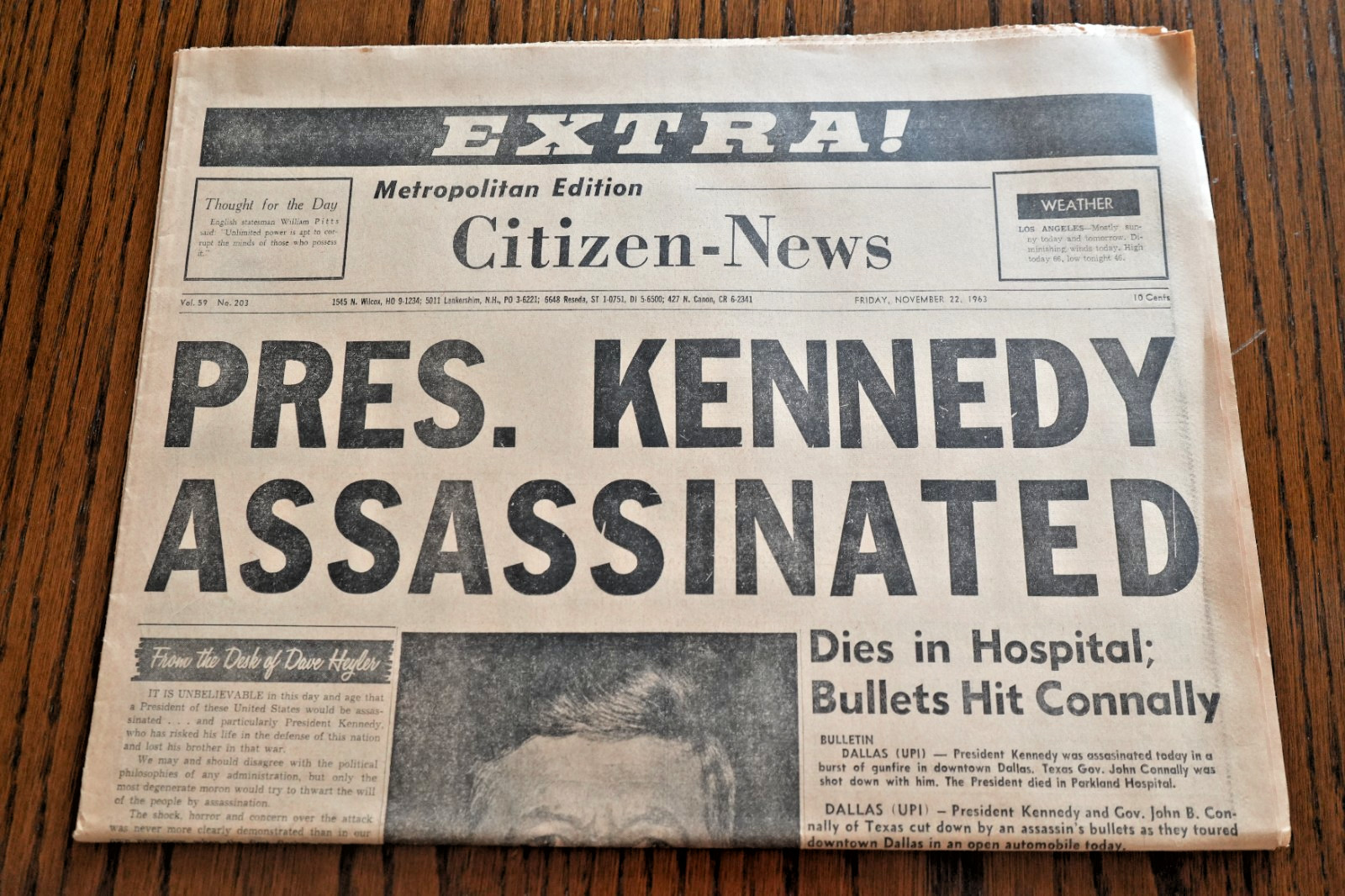 *RARE 1963 President Kennedy Assassinated HOLLYWOOD CITIZEN NEWS Newspaper CLEAN