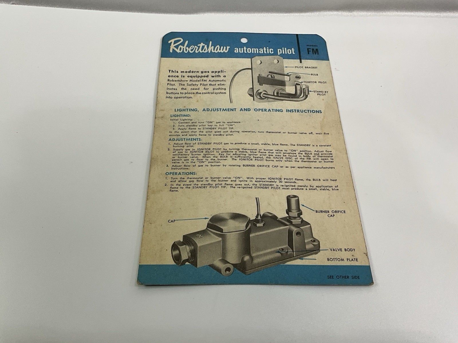 Vintage Robertshaw Automatic Pilot FM Instruction Card Gas Appliance Manual