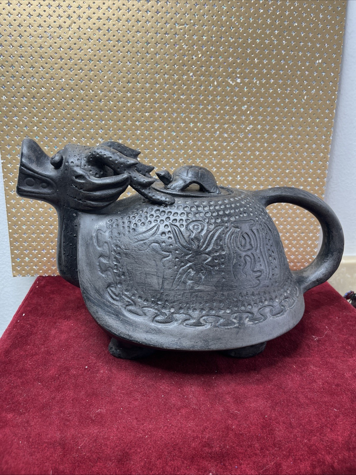 Vintage Yixing Dragon with Turtle Lid Pottery Teapot With Bottom Stamp 4 Feet