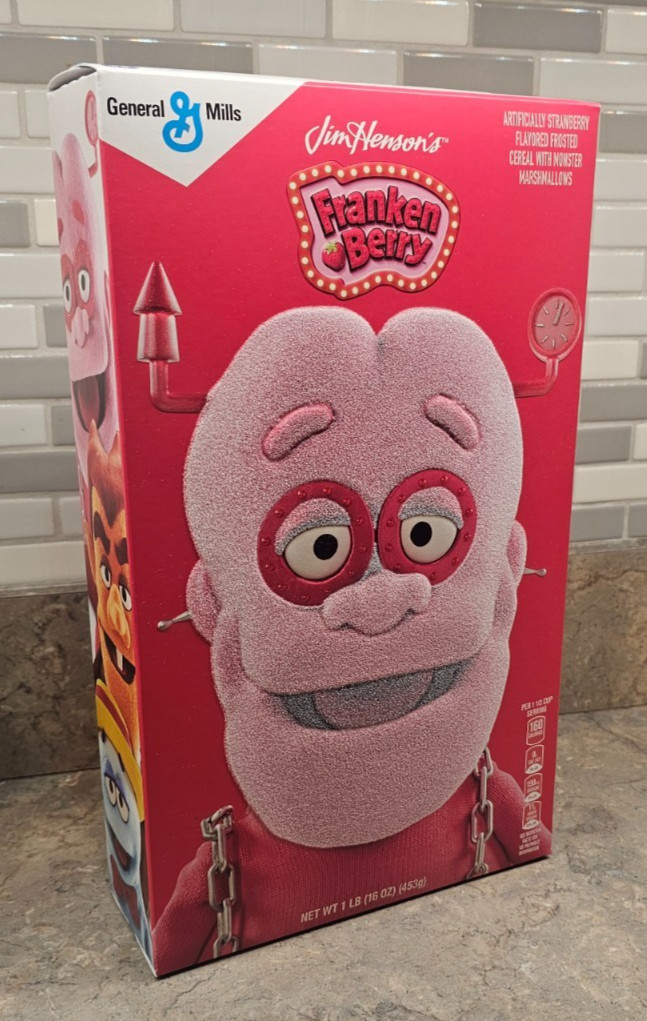 EXCLUSIVE FLOCKED General Mills Jim Henson's Franken Berry Cereal Box EXCLUSIVE FLOCKED General Mills Jim Henson's Franken Berry Cereal Box