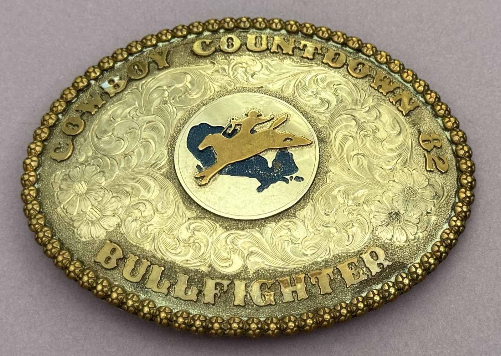 Vintage 1982 Olson Rodeo Trophy Belt Buckle Cowboy Countdown Montana Bullfighter