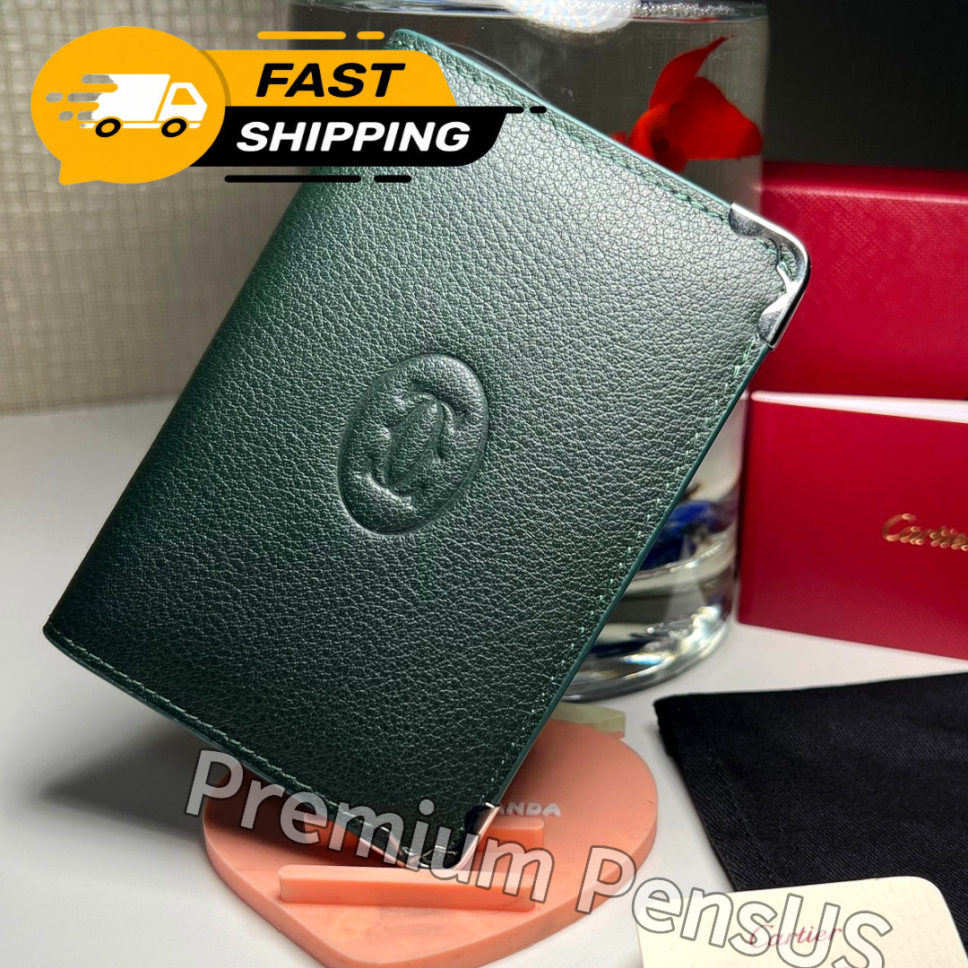 CARTIER Green Leather Bifold Wallet Silver Corner Hardware Rare