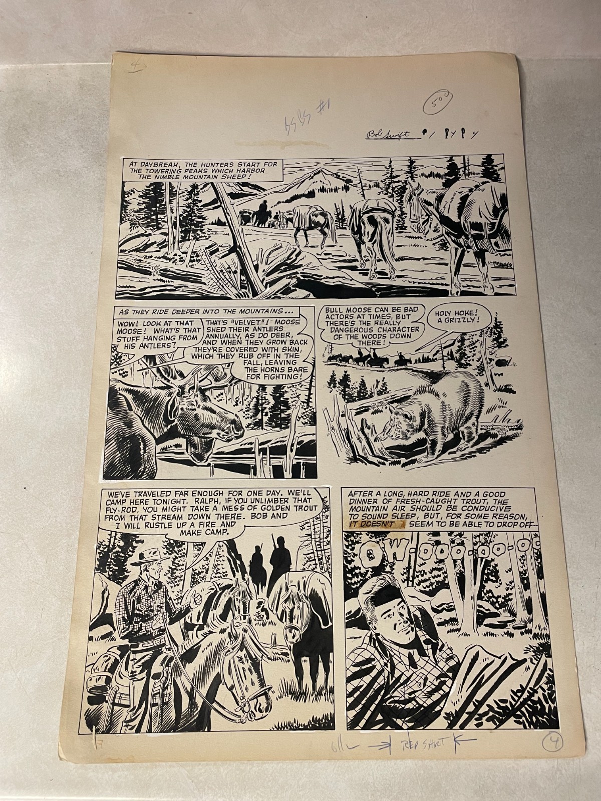 BOB SWIFT #1 original comic art 1951 Sportsman HUNT MOUNTAINS BEAR MOOSE Fawcett