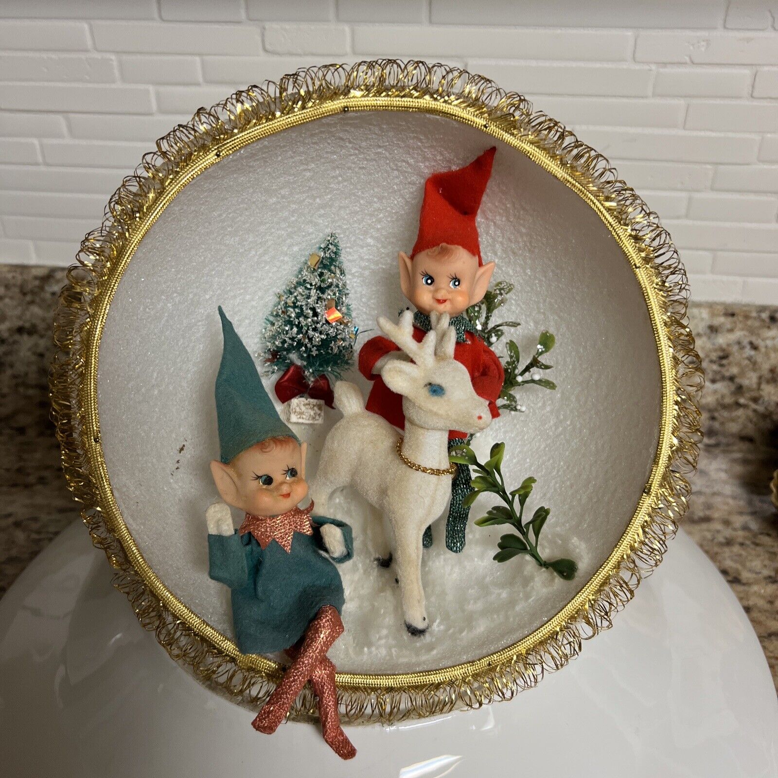 Rare Kitsch Christmas Diorama Pixie Elf Reindeer Vintage Large Display Unique