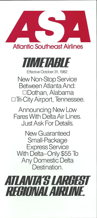 ASA Atlantic Southeast Airlines system timetable 10/31/82 [1035] Buy 4+ save 25%