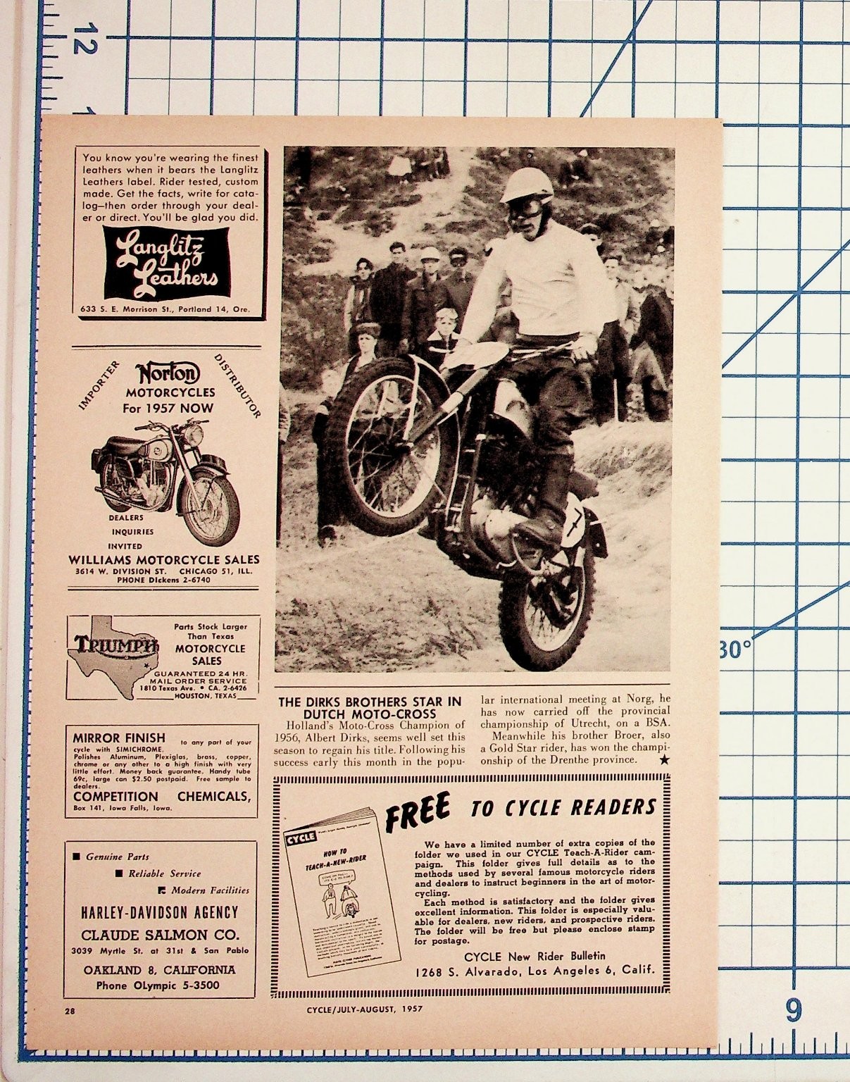 1957 Cycle Magazine Page: Albert Dirks Moto-Cross, Norton, Langlitz