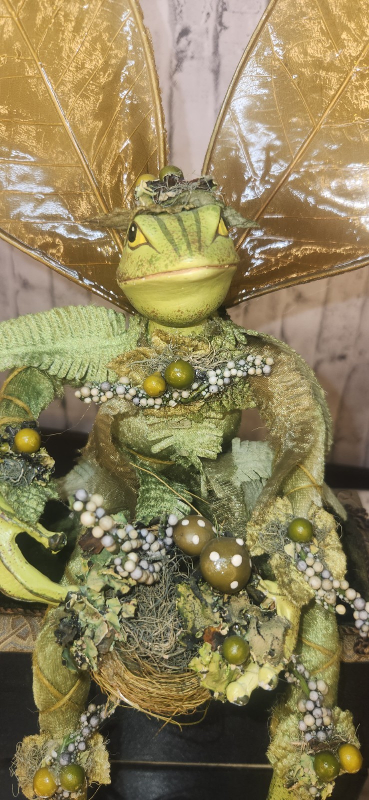 Handcrafted fantasy art  woodland frog prince Fairy figure leaf-like gold wings